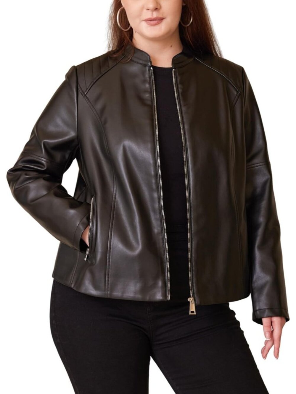 Women Plus Size Faux Leather Jacket PU Motorcycle Biker Coat with Quilted-